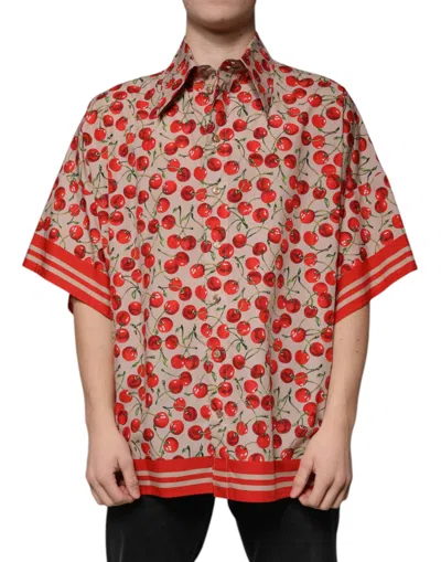 Dolce & Gabbana Beige Cherry Button Down Men Casual Shirt In Beige