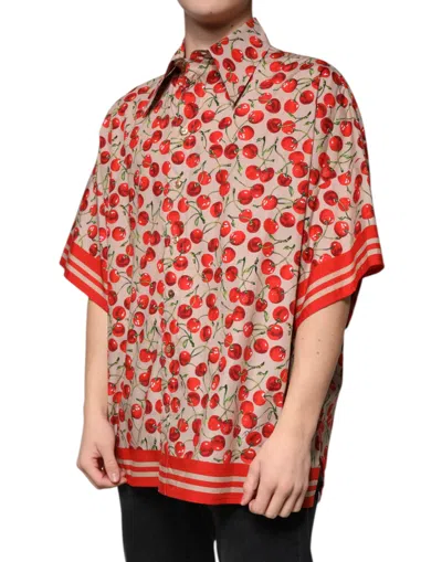 Dolce & Gabbana Beige Cherry Button Down Men Casual Shirt In Beige