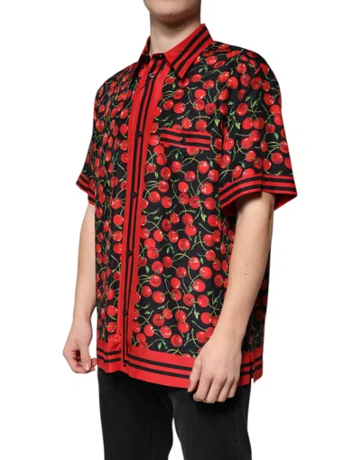 Dolce & Gabbana Black Cherry Silk Button Down Casual Shirt In Black