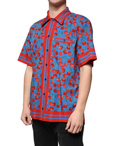 Dolce & Gabbana Blue Cherry Cotton Button Down Casual Shirt In Blue