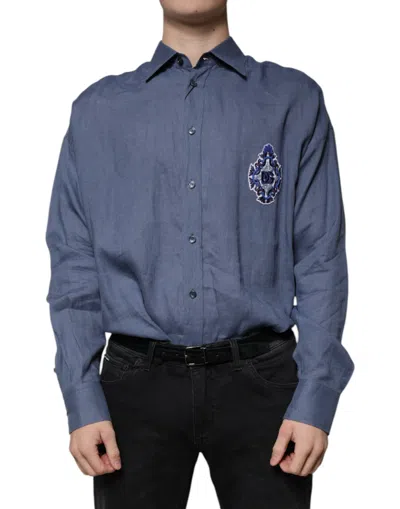 Dolce & Gabbana Blue Logo Long Sleeve Button Down Casual Shirt In Blue