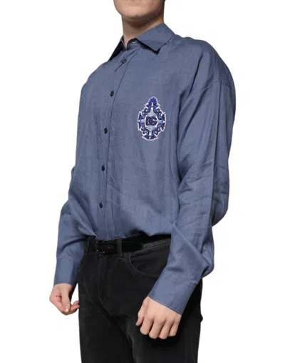Dolce & Gabbana Blue Logo Long Sleeve Button Down Casual Shirt In Blue