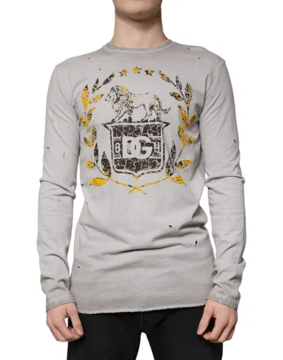 Dolce & Gabbana Gray Printed Cotton Crewneck Pullover Sweater In Gray