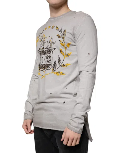Dolce & Gabbana Gray Printed Cotton Crewneck Pullover Sweater In Gray