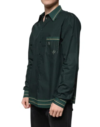 Dolce & Gabbana Green Logo Long Sleeve Martini Casual Shirt In Dark Green