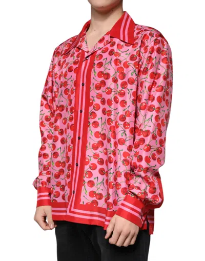 Dolce & Gabbana Pink Cherry Silk Button Down Casual Shirt In Pink
