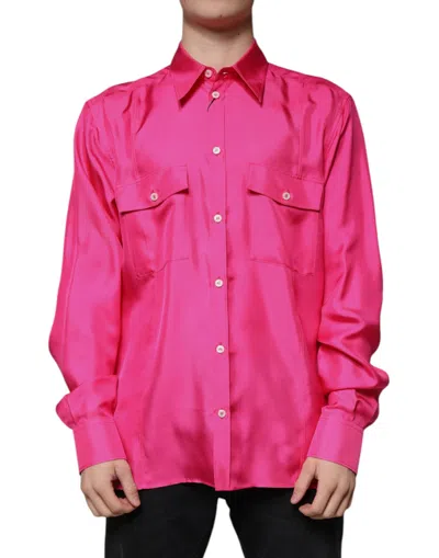 Dolce & Gabbana Pink Silk Collared Button Down Men Shirt In Pink