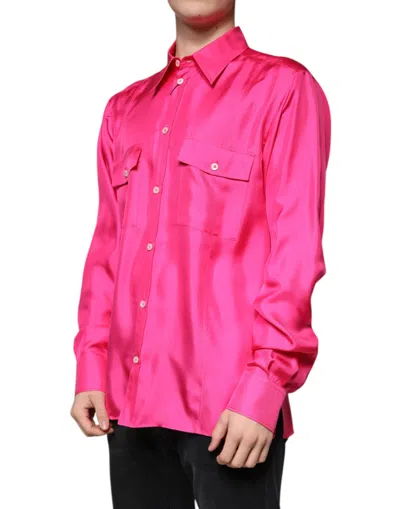 Dolce & Gabbana Pink Silk Collared Button Down Men Shirt In Pink