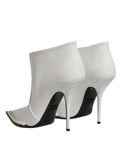 Pre-owned Dolce & Gabbana White Faux Pearl Leather Pointed Toe Ankle Boot Women's Shoes ()