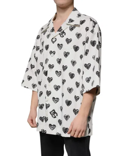 Dolce & Gabbana White Heart Print Short Sleeve Casual Shirt In Black/white
