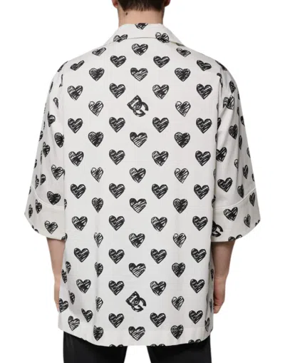 Dolce & Gabbana White Heart Print Short Sleeve Casual Shirt In Black/white