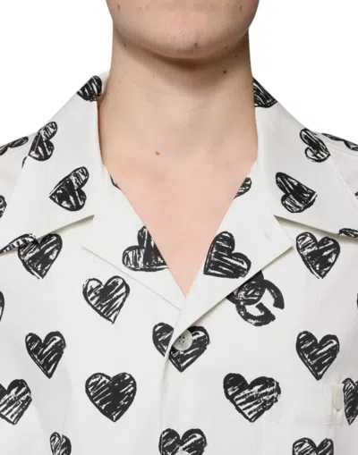 Dolce & Gabbana White Heart Print Short Sleeve Casual Shirt In Black/white