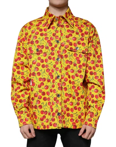 Dolce & Gabbana Yellow Cherry Button Down Men Casual Shirt In Yellow