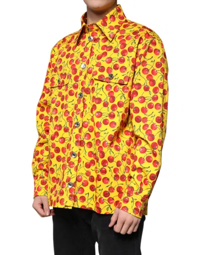 Dolce & Gabbana Yellow Cherry Button Down Men Casual Shirt In Yellow