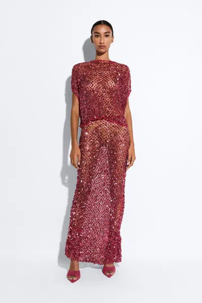 Lapointe Net Mesh Sequin Flare Skirt In Deep Pink