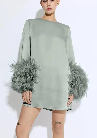 Lapointe Satin Shift Dress With Feathers In Jade