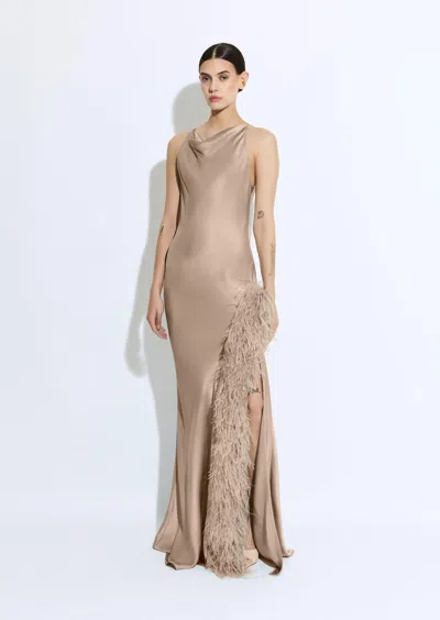 Lapointe Satin Halter Gown With Feathers In Oat