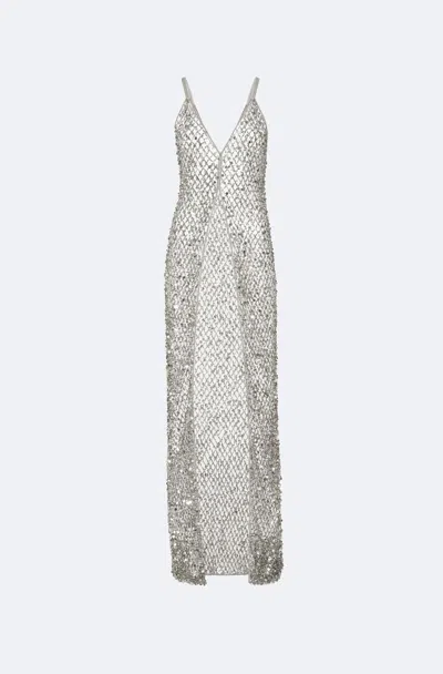 Lapointe Net Mesh Sequin Long V Neck Cami Top In Silver
