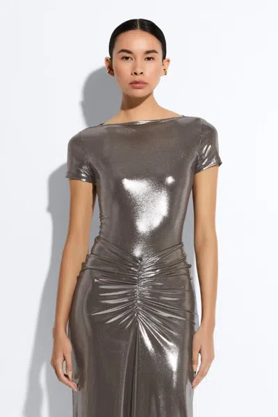 Lapointe Coated Jersey Short Sleeve Boatneck Bodysuit In Steel