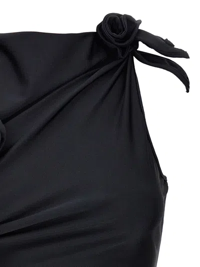 Coperni Black Asymmetric Sleeveless Mini Dress With Floral Detail And Cut-out On The Front In Tech Fabric St
