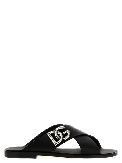 Dolce & Gabbana Black Sandals With Criss Cross Bands And Logo Detail In Leather Man