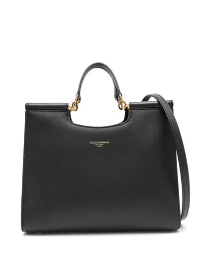 Dolce & Gabbana Black Calfskin Tote Bag With Adjustable Shoulder Strap In Black