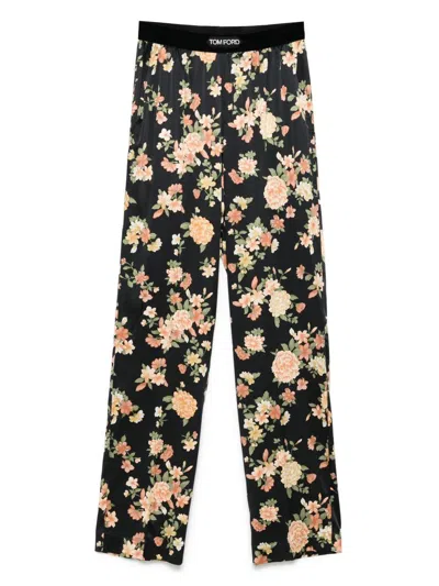 Tom Ford Wide Leg Floral Print Satin Trousers In Black