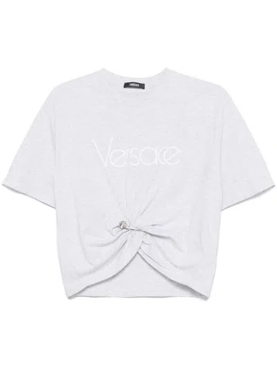 Versace Cropped T-shirt With Twist Detail And Safety Pin Logo In Grey