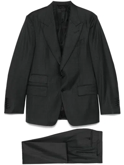 Tom Ford Single-breasted Wool Suit With Buttoned Cuffs In Grey