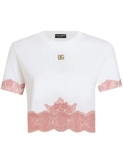 Dolce & Gabbana Cropped Jersey T-shirt With Dg Logo And Lace Inserts In White