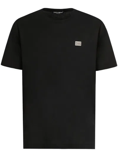 Dolce & Gabbana Cotton T-shirt With Metal Plaque Featuring Front Logo In Black