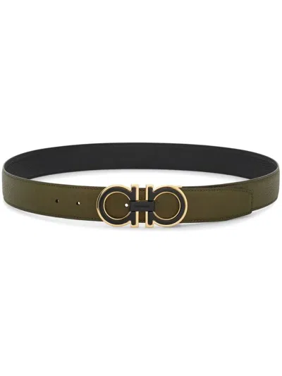 Ferragamo Double Buckle Reversible Gancini Belt In Black