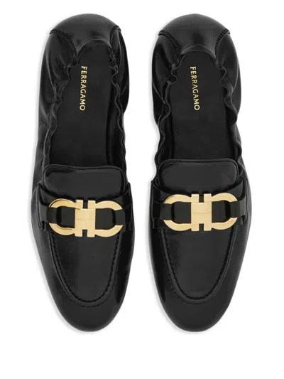 Ferragamo Gancini Leather Loafers With Round Toe In Black