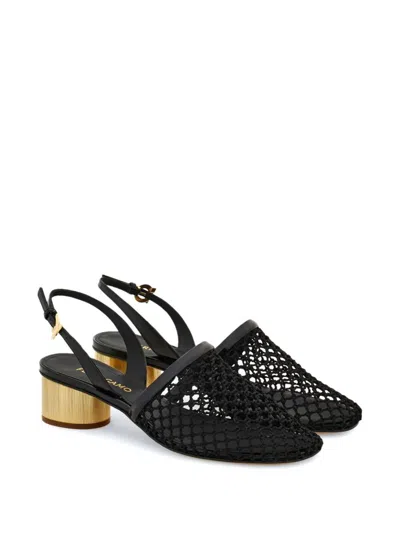 Ferragamo Mesh And Leather Slingback Sandals In Black