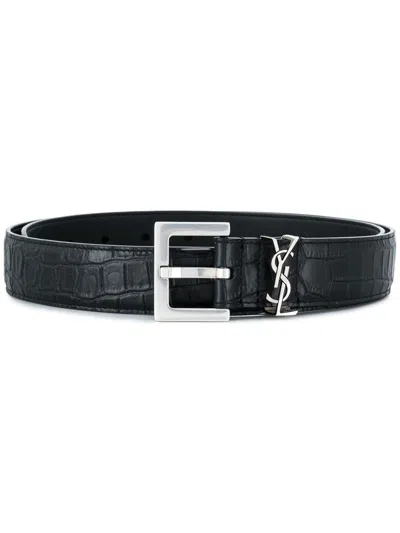 Saint Laurent Squared Buckle Smooth Leather Cassandre Thin Belt Accessories In Black