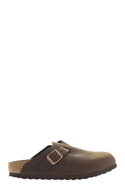 Birkenstock Leather Buckle Detail Slippers With Open Back In Brown