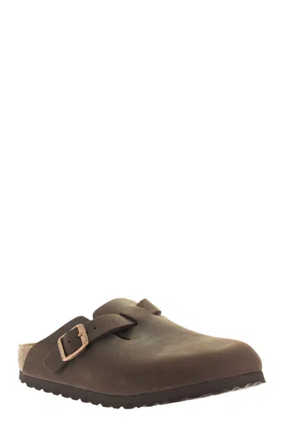Birkenstock Leather Buckle Detail Slippers With Open Back In Brown