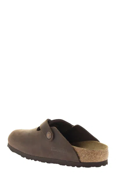 Birkenstock Leather Buckle Detail Slippers With Open Back In Brown