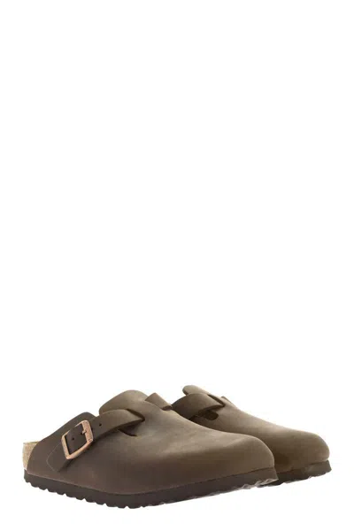Birkenstock Leather Buckle Detail Slippers With Open Back In Brown