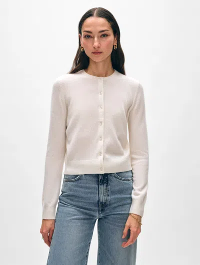 White + Warren Cashmere Crewneck Cardigan Sweater In Soft White In Soft White