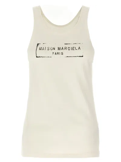 Maison Margiela Beige Top With Wide Neckline And Logo Printed On The Front In Viscose And Cotton Blend Woman