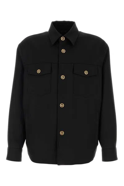 Versace Gabardine Shirt With Chest Pockets And Cuffed Sleeves In Black