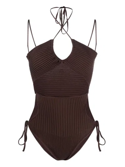 Andreädamo Halterneck-fastening Ribbed-knit Bodysuit In Beige