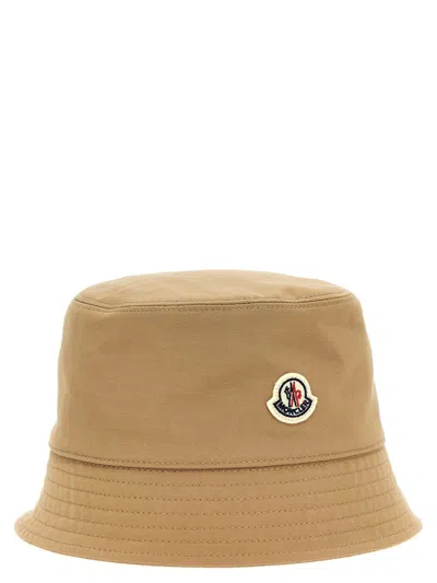 Moncler Logo Bucket Hat With Stitched Brim In Beige