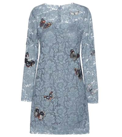 Valentino Butterfly Embroidered Lace Dress In Slate Blue