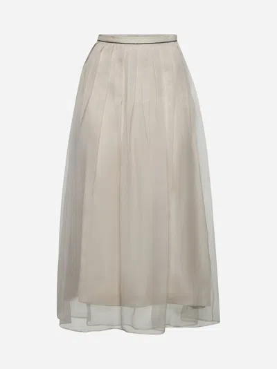 Brunello Cucinelli White Pleated Midi Shiny Waistband Skirt In Cold Beige