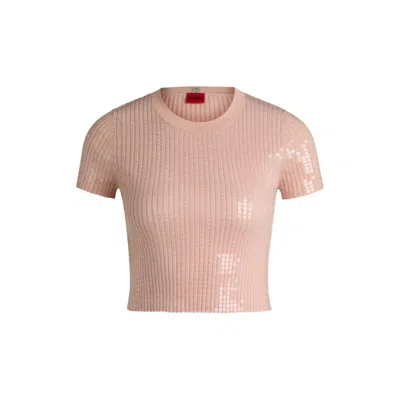 Hugo Boss Ribbed Sweater With Transparent Sequins In Slim Fit In Brown
