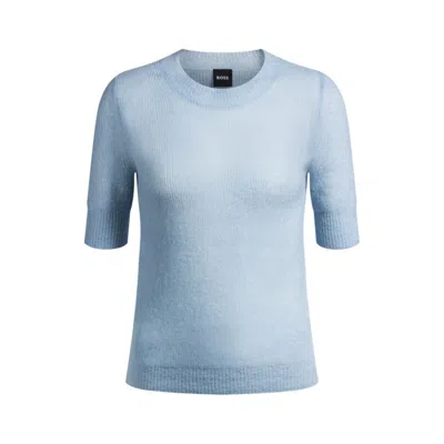 Hugo Boss Cropped-sleeve Knitted Sweater In Textured Wool In Blue