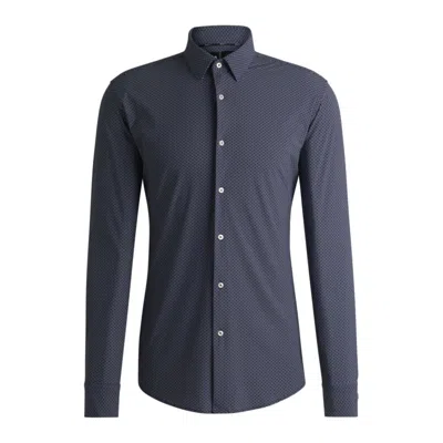 Hugo Boss Slim-fit Shirt In Geometric-print Performance-stretch Jersey In Blue