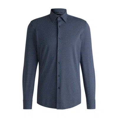Hugo Boss Slim-fit Shirt In Printed Performance-stretch Fabric In Blue
